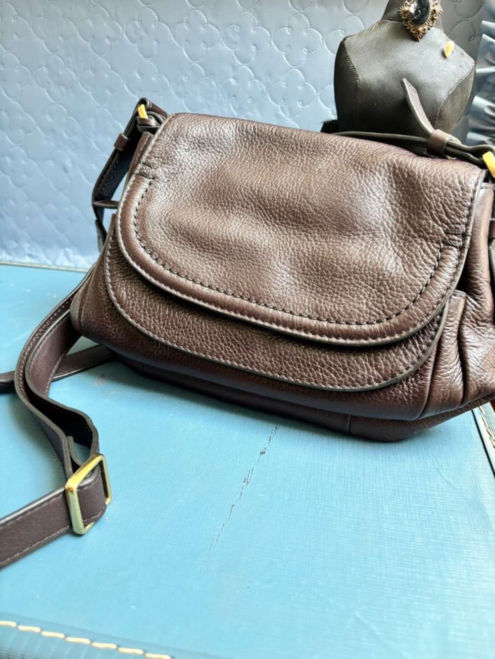 Fossil Peyton Crossbody Bag Black Leather Double Flap Adjustable Strap Handbag